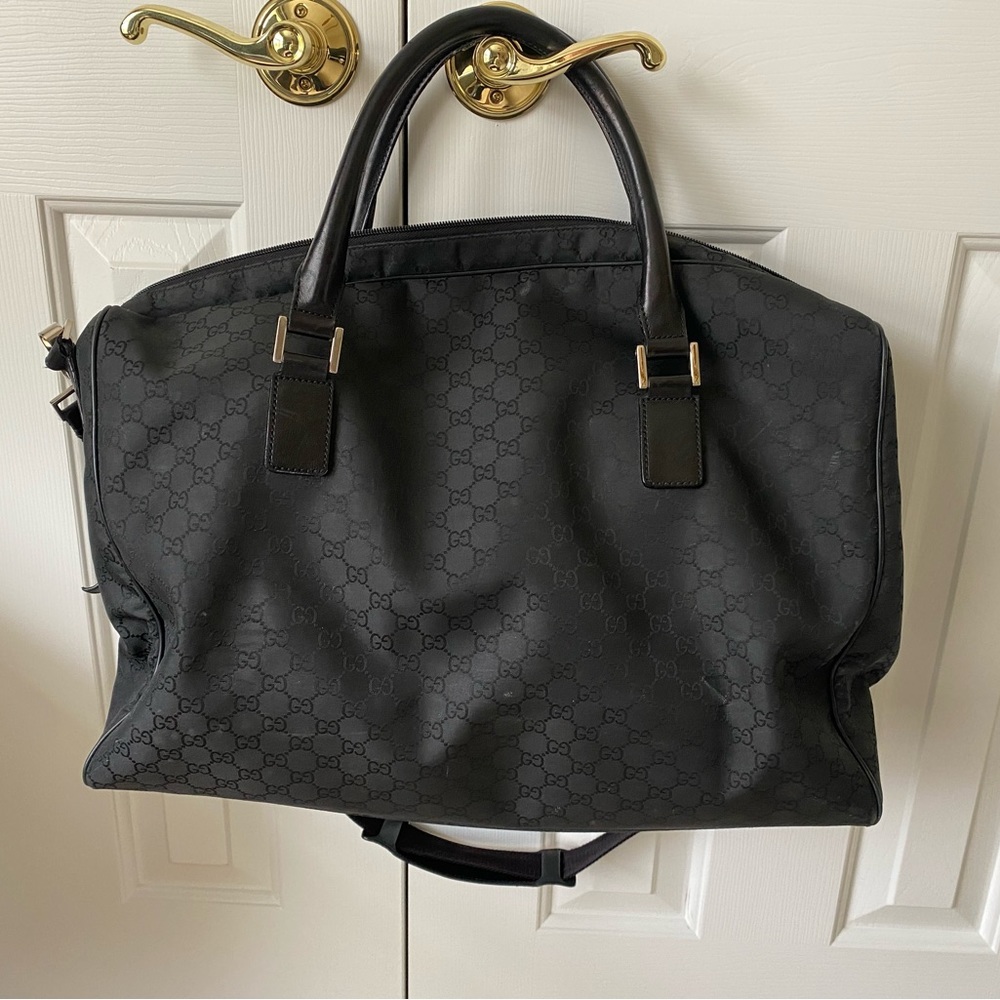 GUCCI Weekender Monogram GG Large Travel Nylon Leather Duffle Bag Black